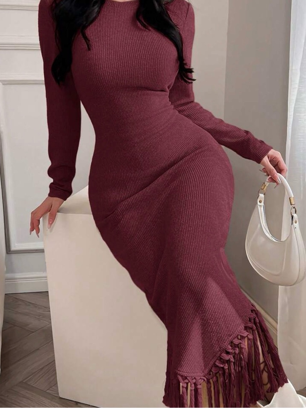 Fringe Hem Ribbed Long Sleeve Midi Dress in Burgundy Brand NEW size S